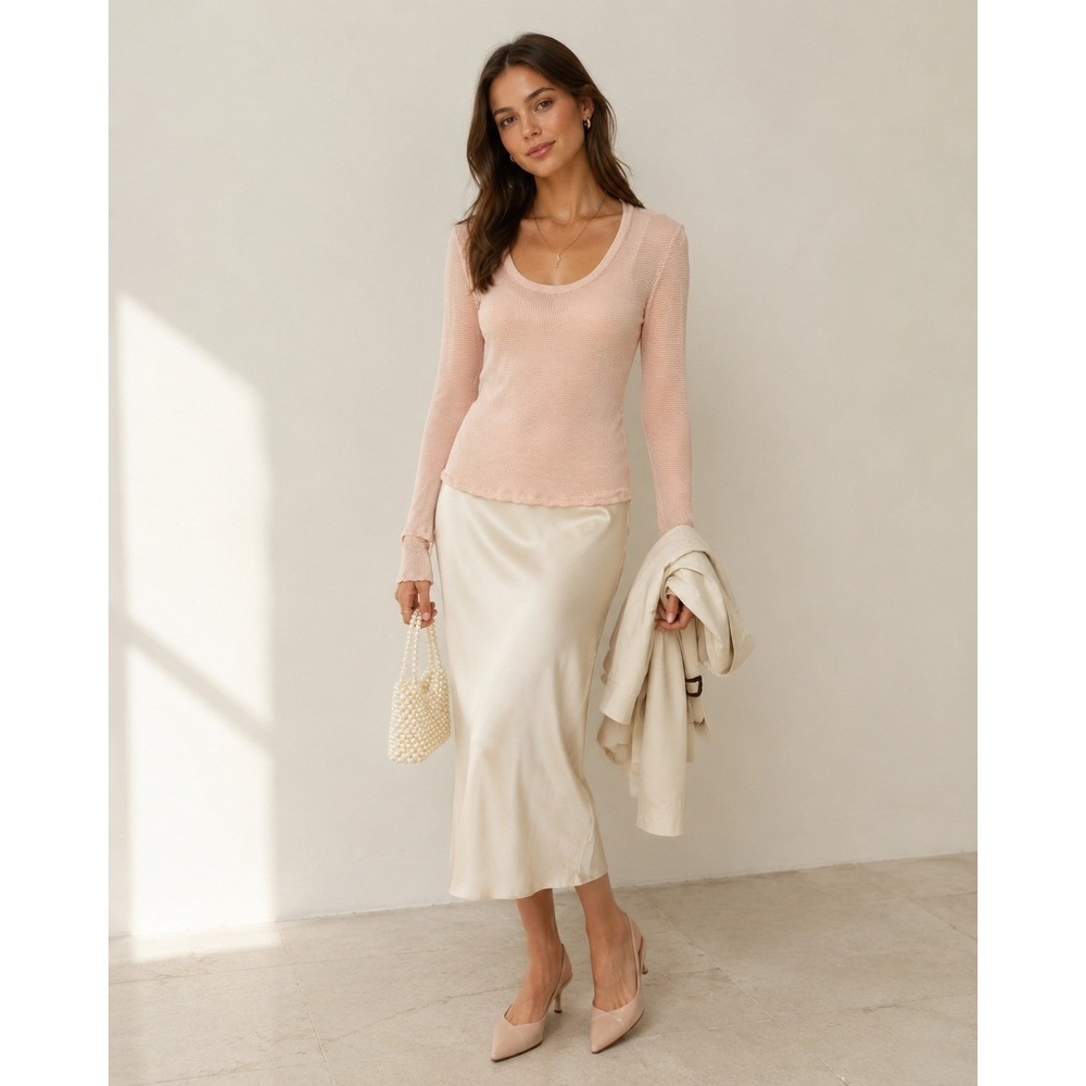 Olympia Theodora Long Sleeve Thermal Knit Scoop Neck Top in Peach